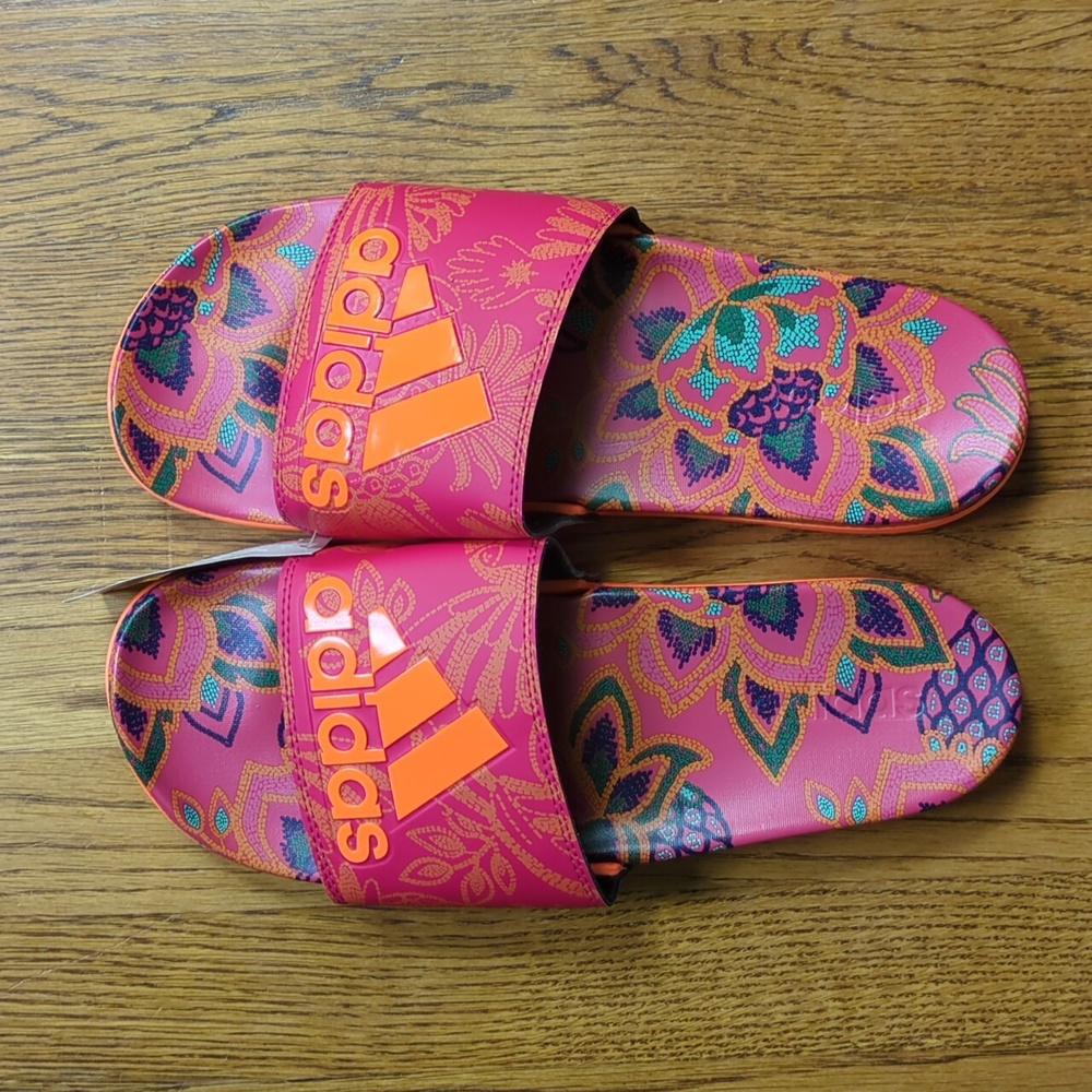 NWT FARM Rio Slide Sandals Adidas Collaboration Women's Size 11 Red Floral Print - Picture 11 of 14